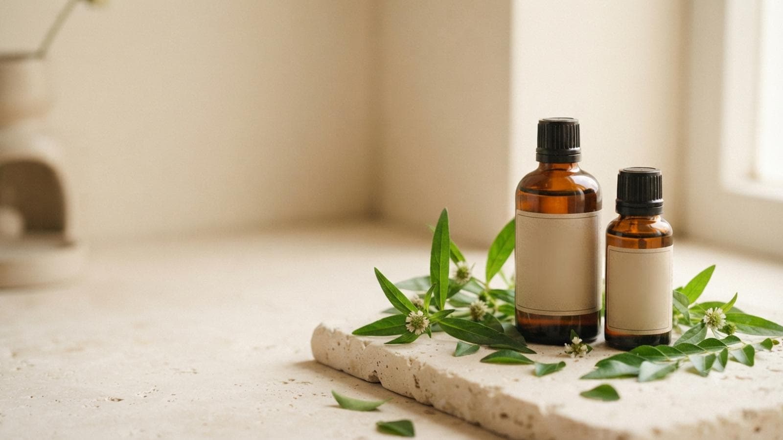 Amber glass oil bottles with bhringraj and curry leaves on a pale stone surface