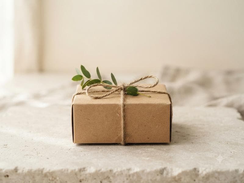 A kraft parcel box tied with twine and a sprig of green leaves on a pale surface