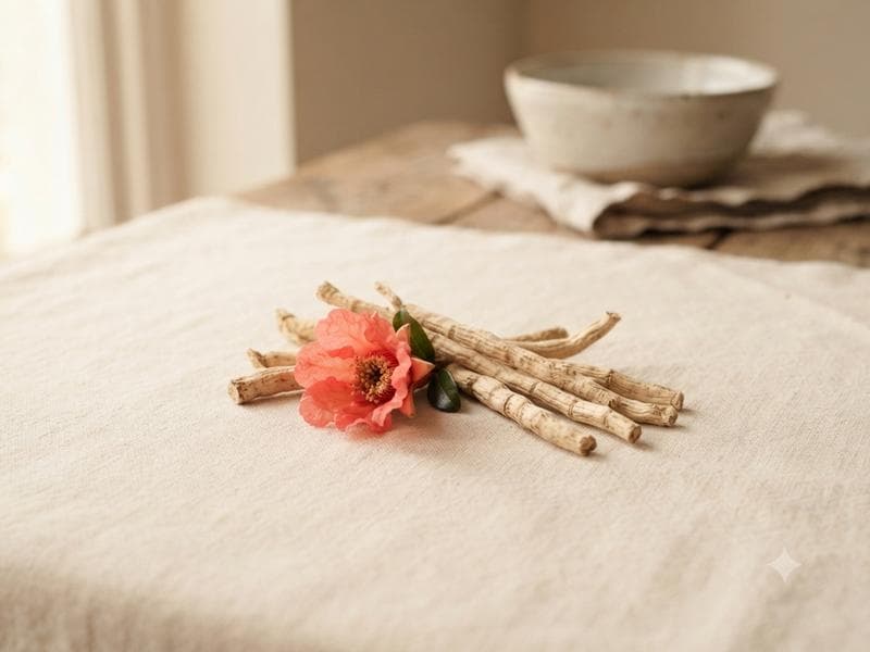 Shatavari root and a pomegranate flower arranged on warm cream linen
