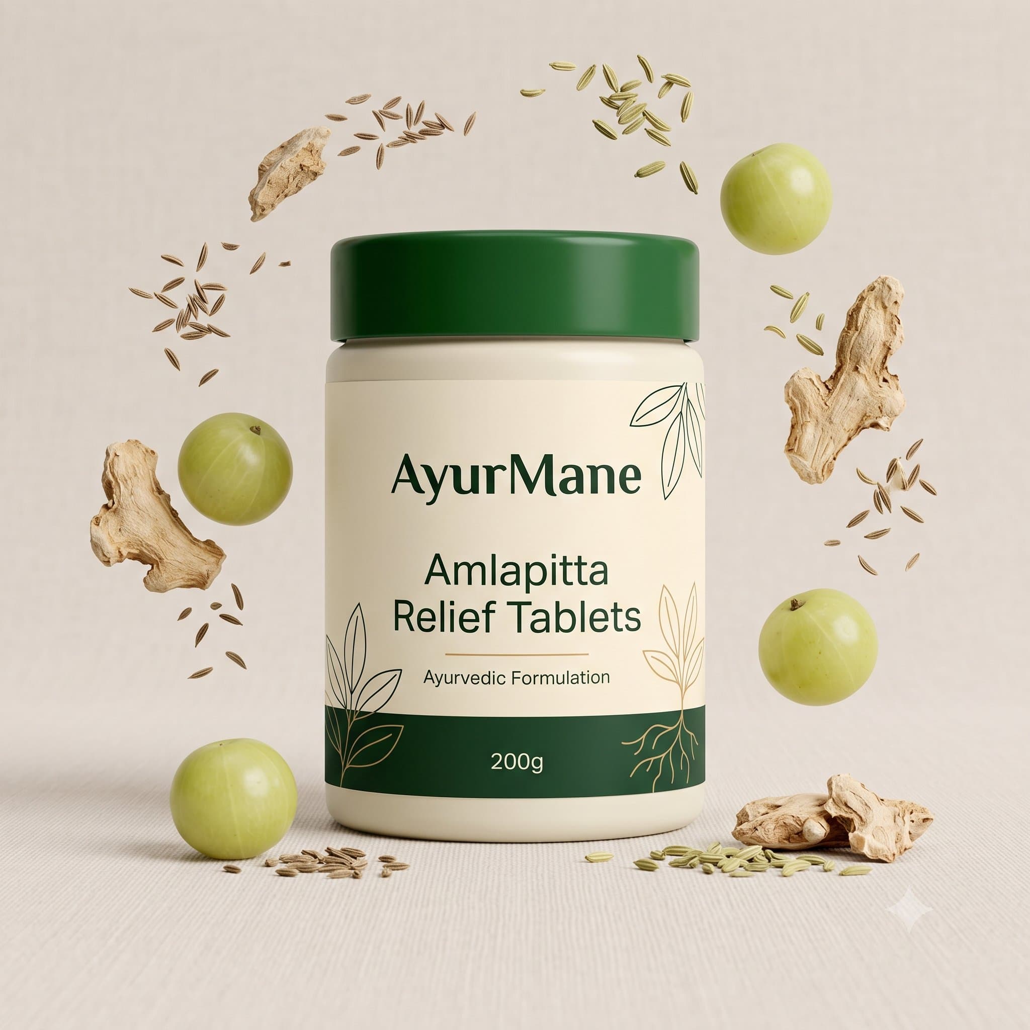 Amlapitta Relief Tablets, shown with its key botanicals