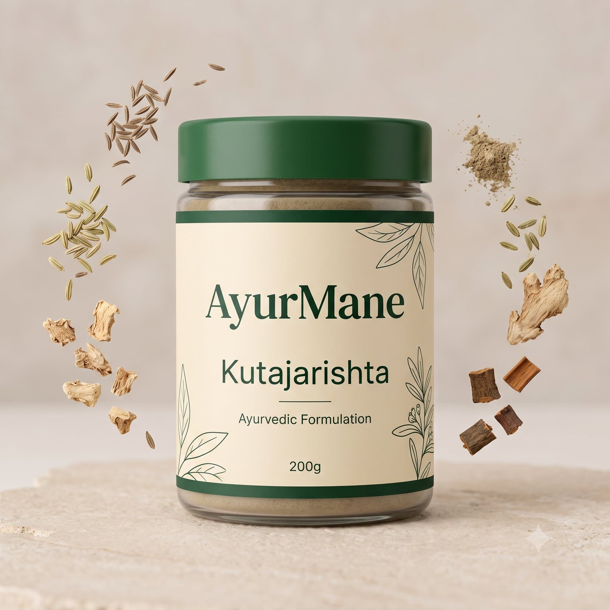Kutajarishta, shown with its key botanicals