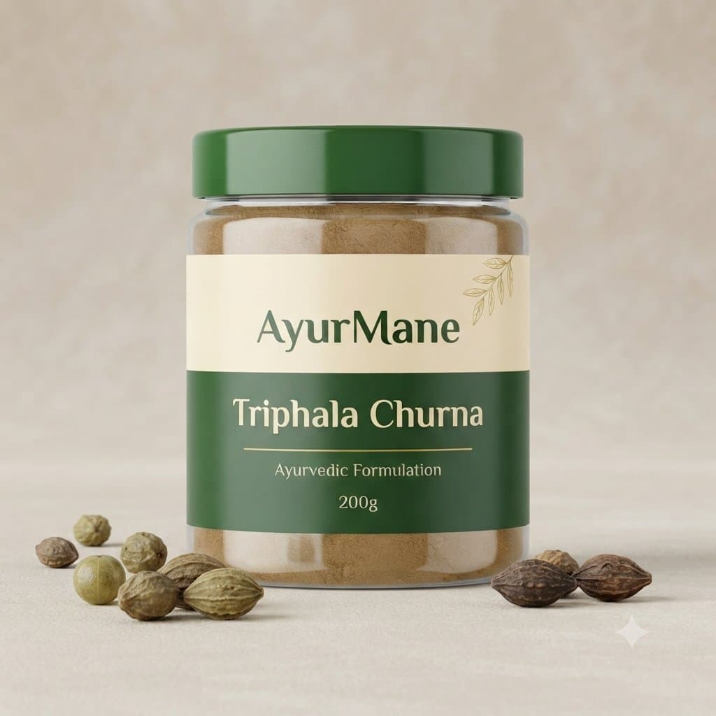 Triphala Churna, shown with its key botanicals