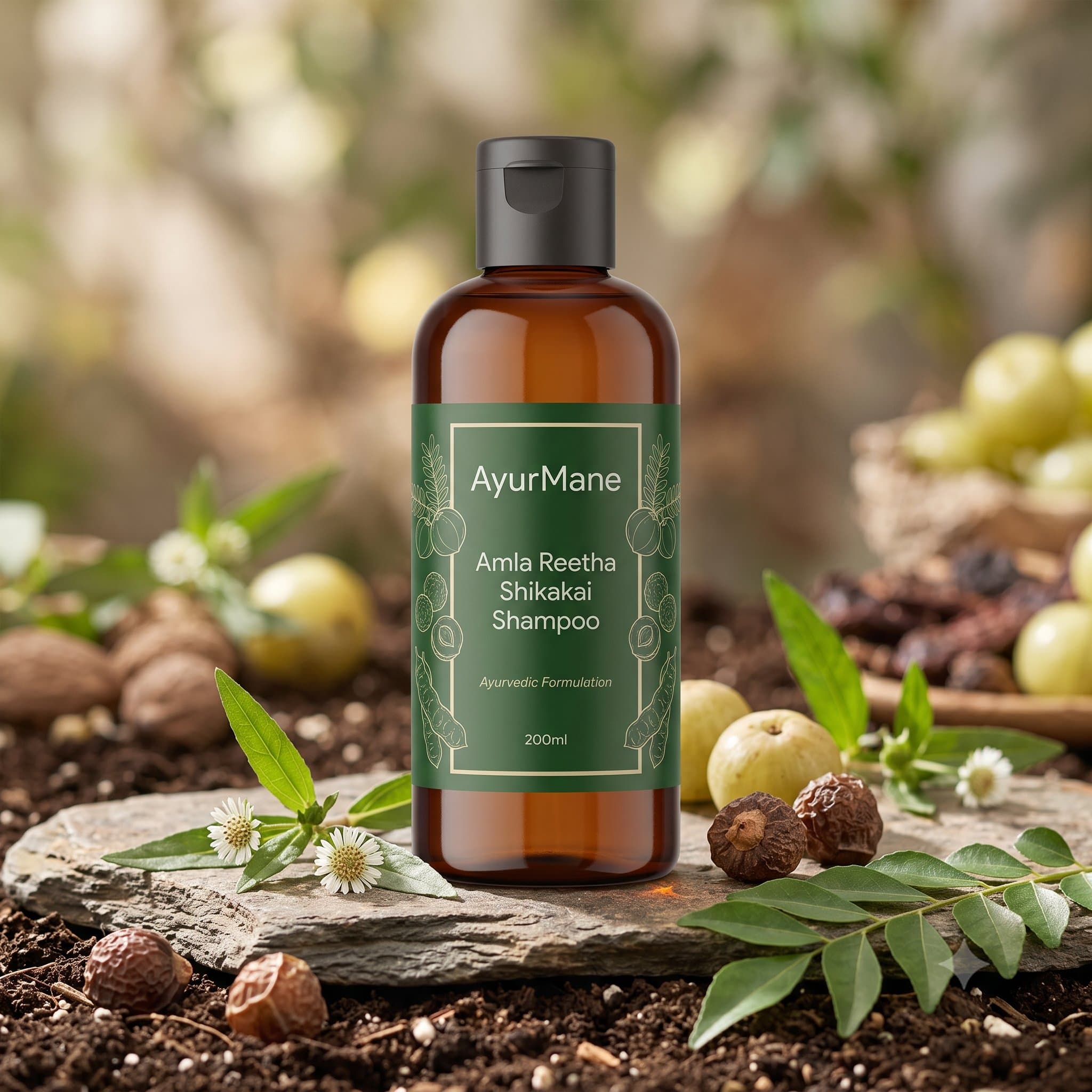 Amla Reetha Shikakai Shampoo, shown with its key botanicals
