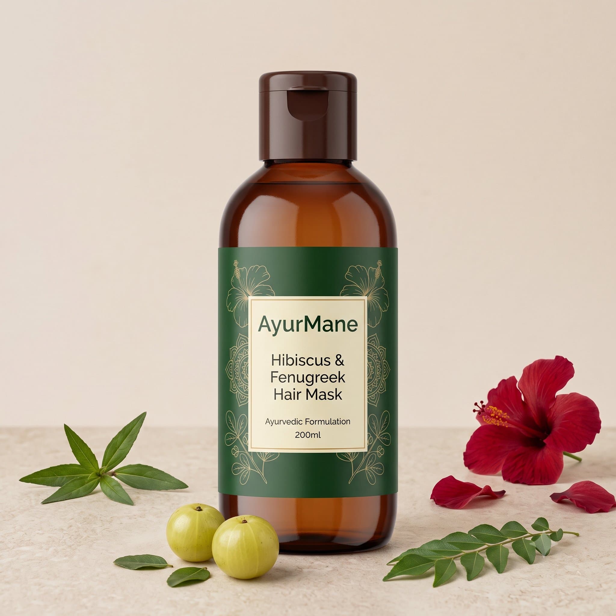 Hibiscus & Fenugreek Hair Mask, shown with its key botanicals