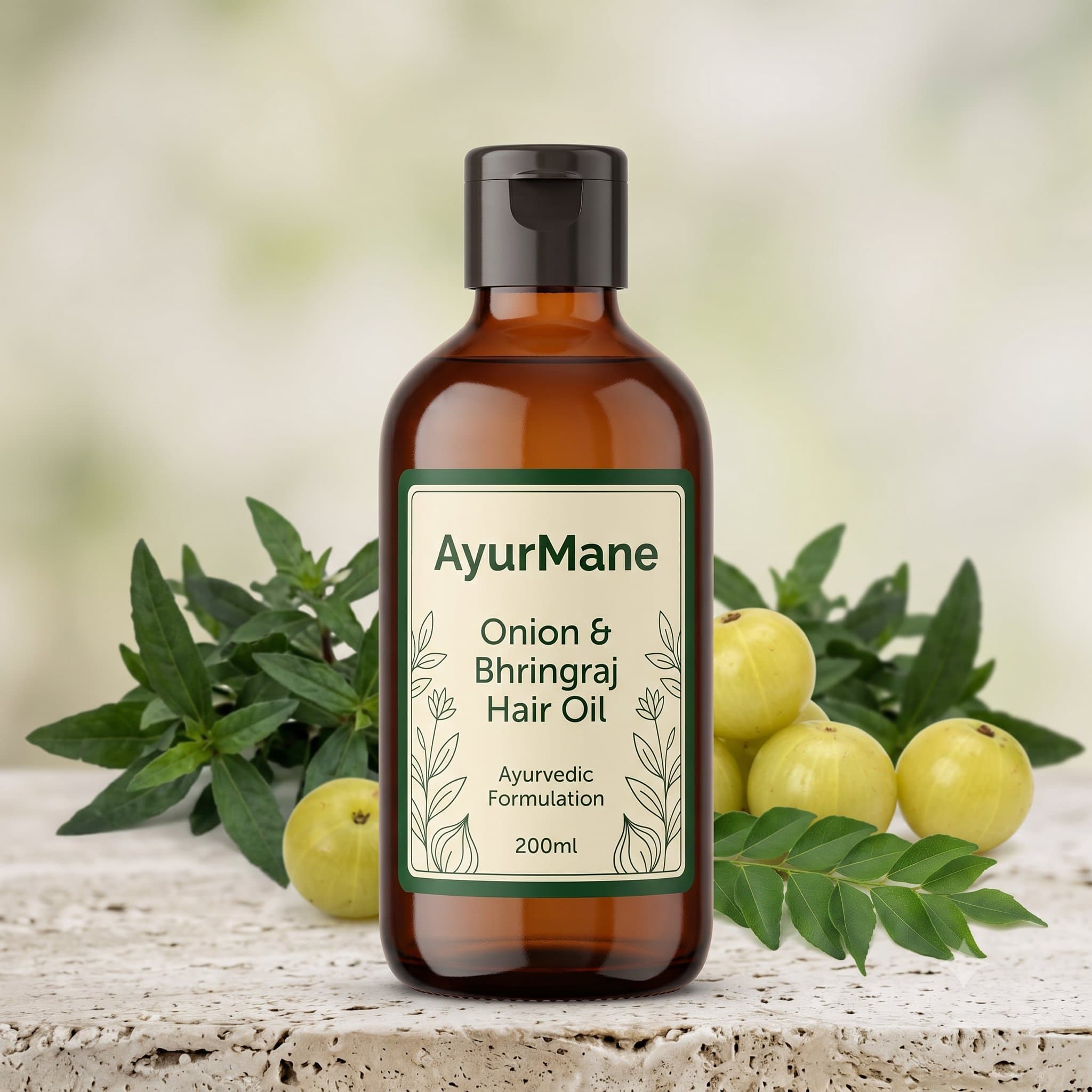 Onion & Bhringraj Hair Oil, shown with its key botanicals