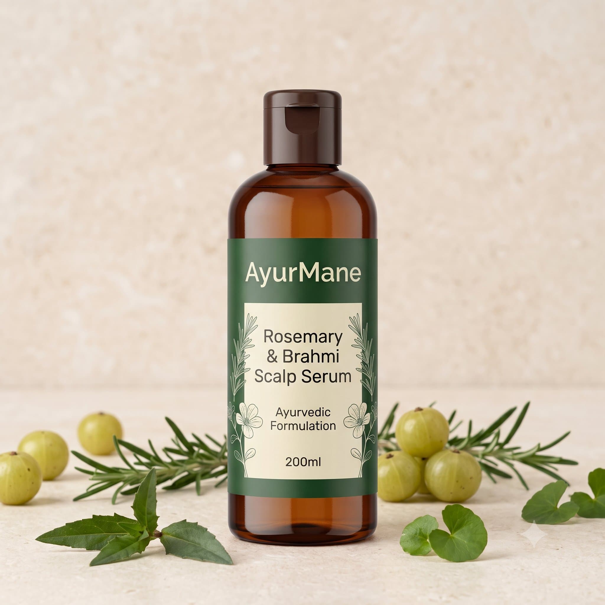 Rosemary & Brahmi Scalp Serum, shown with its key botanicals