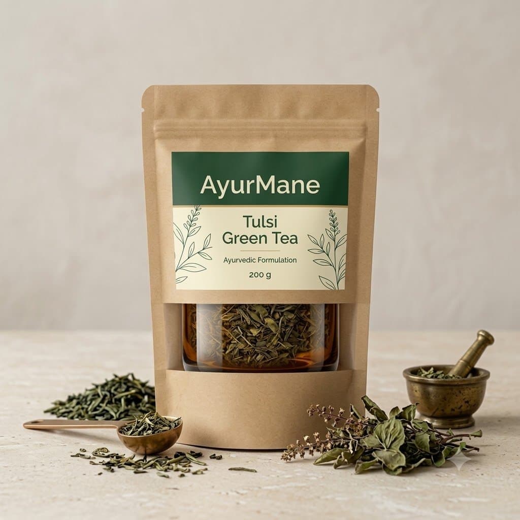 Tulsi Green Tea, shown with its key botanicals