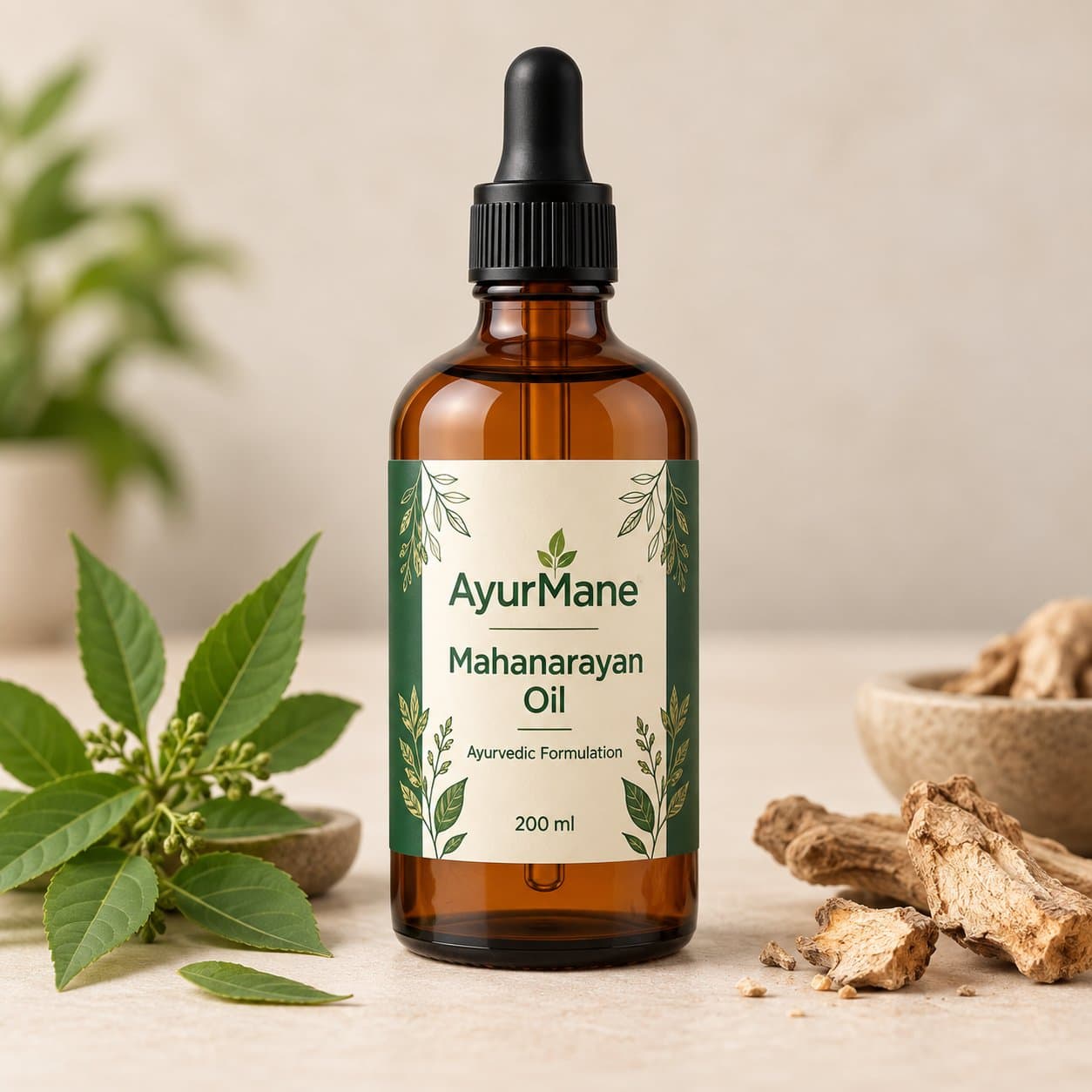 Mahanarayan Oil, shown with its key botanicals