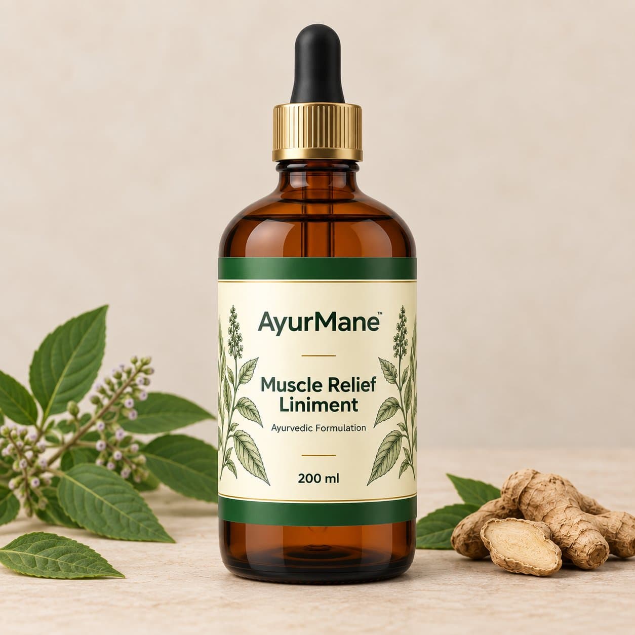 Muscle Relief Liniment, shown with its key botanicals