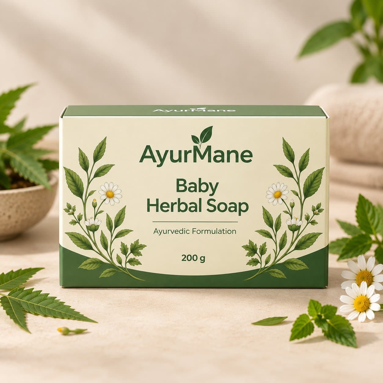 Baby Herbal Soap, shown with its key botanicals
