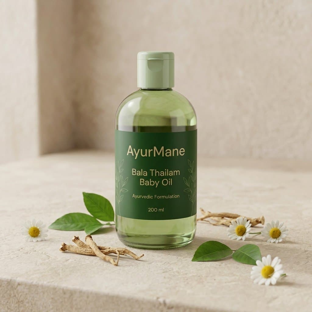 Bala Thailam Baby Oil, shown with its key botanicals