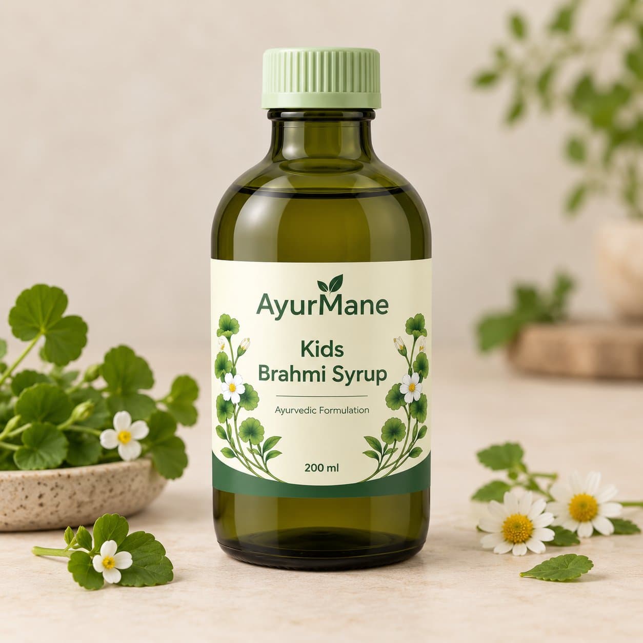 Kids Brahmi Syrup, shown with its key botanicals