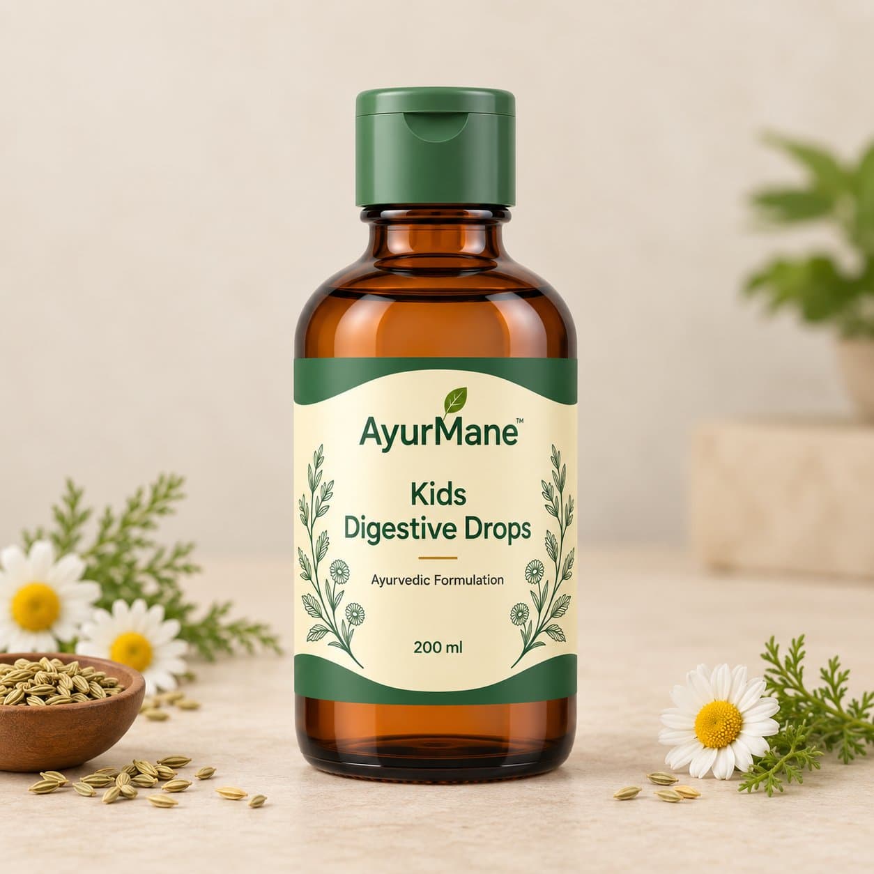 Kids Digestive Drops, shown with its key botanicals
