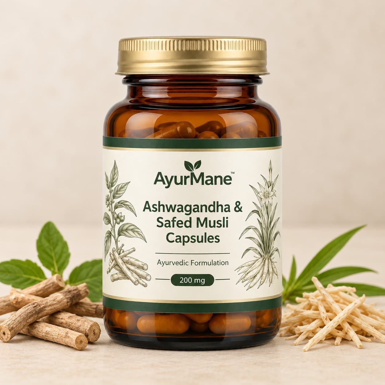 Ashwagandha & Safed Musli Capsules, shown with its key botanicals