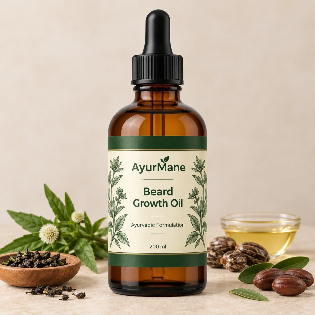 Beard Growth Oil, shown with its key botanicals