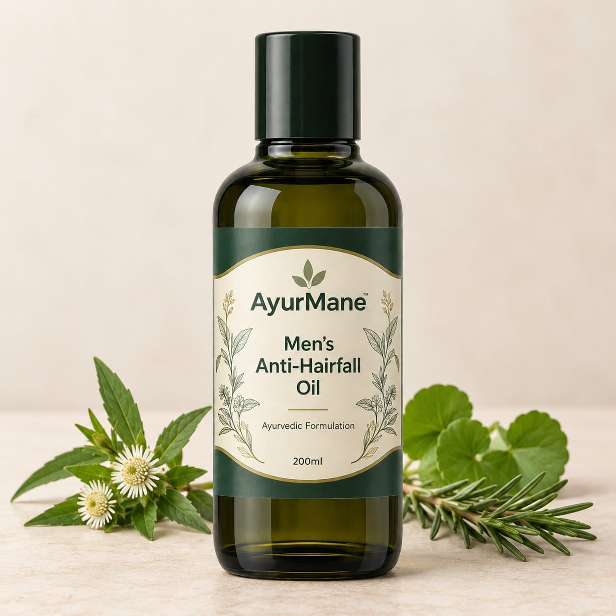 Men's Anti-Hairfall Oil, shown with its key botanicals