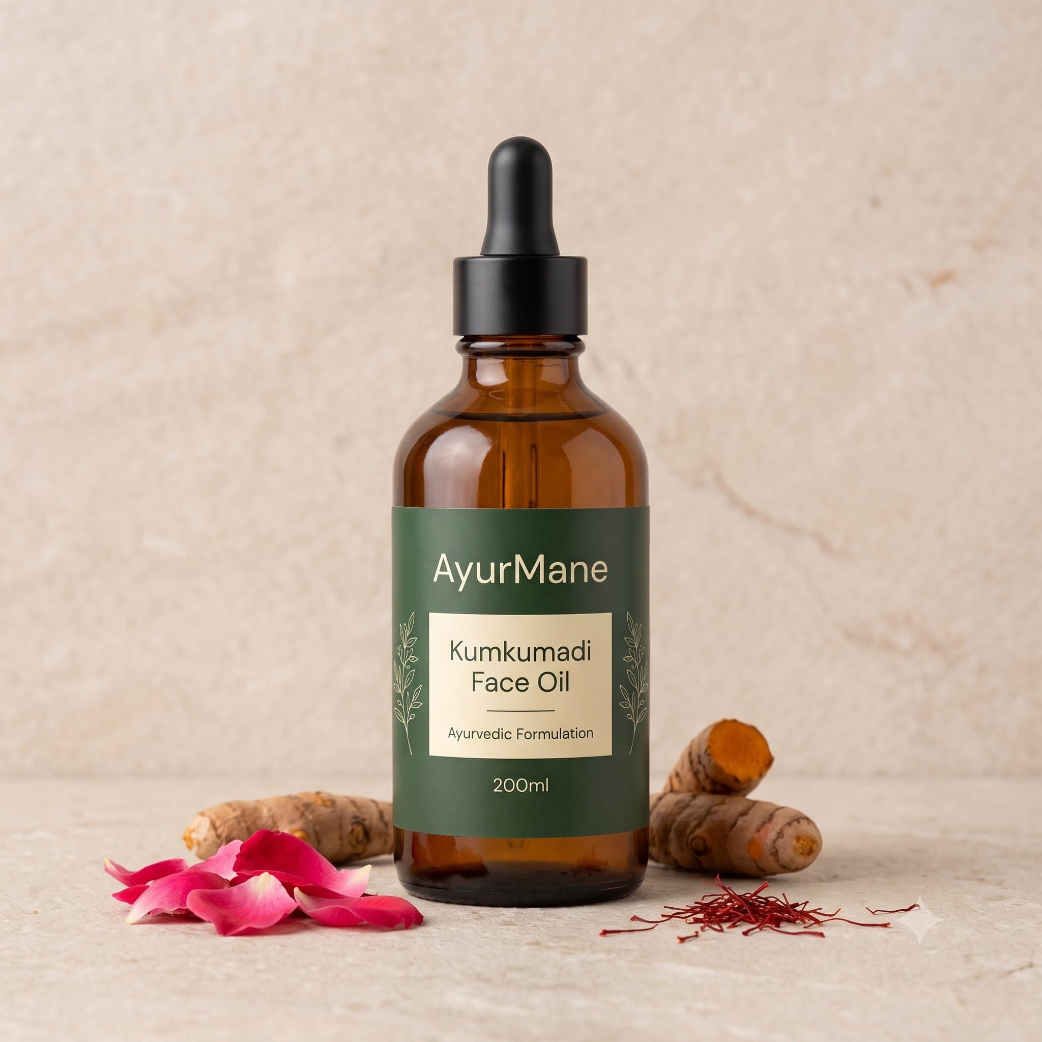 Kumkumadi Face Oil, shown with its key botanicals