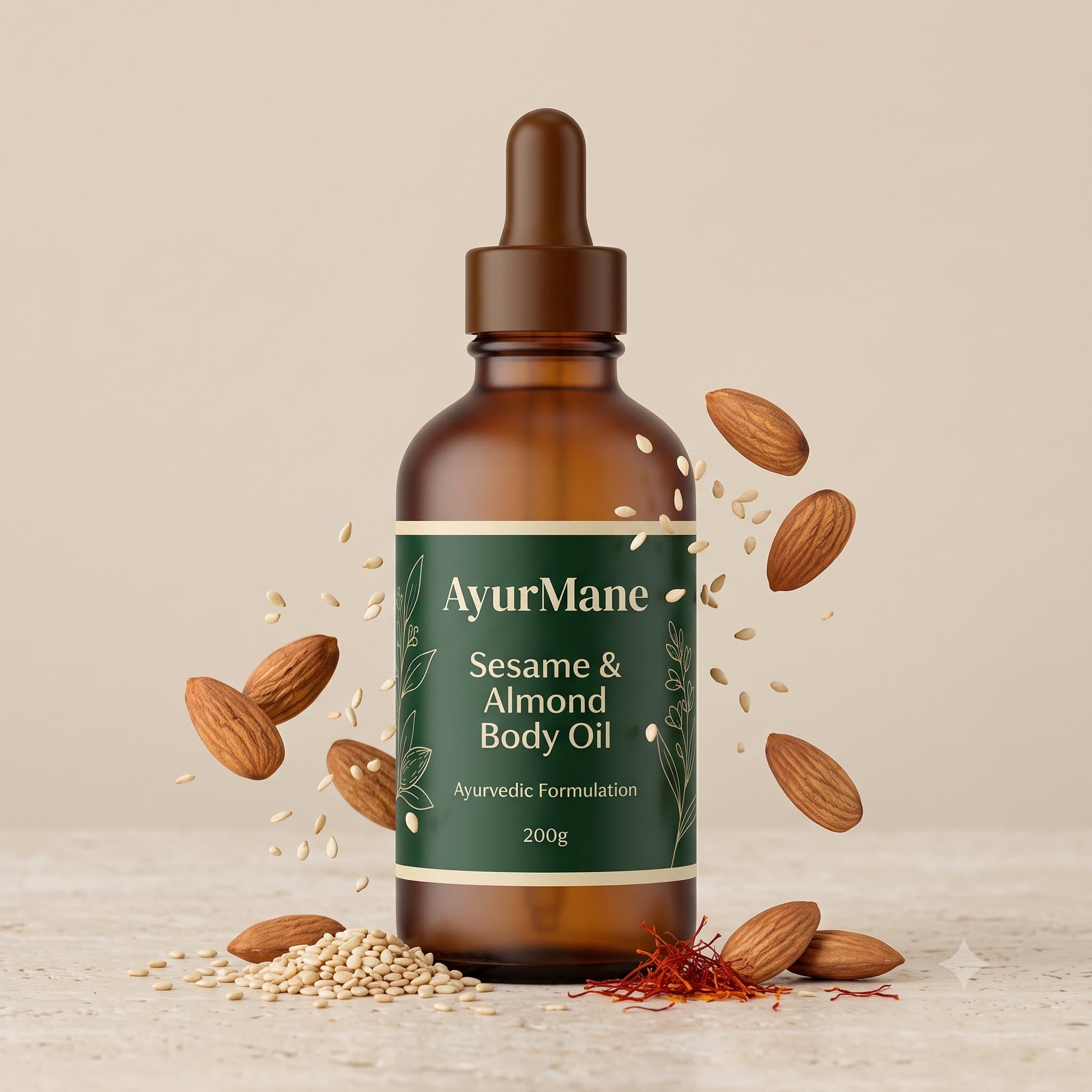 Sesame & Almond Body Oil, shown with its key botanicals