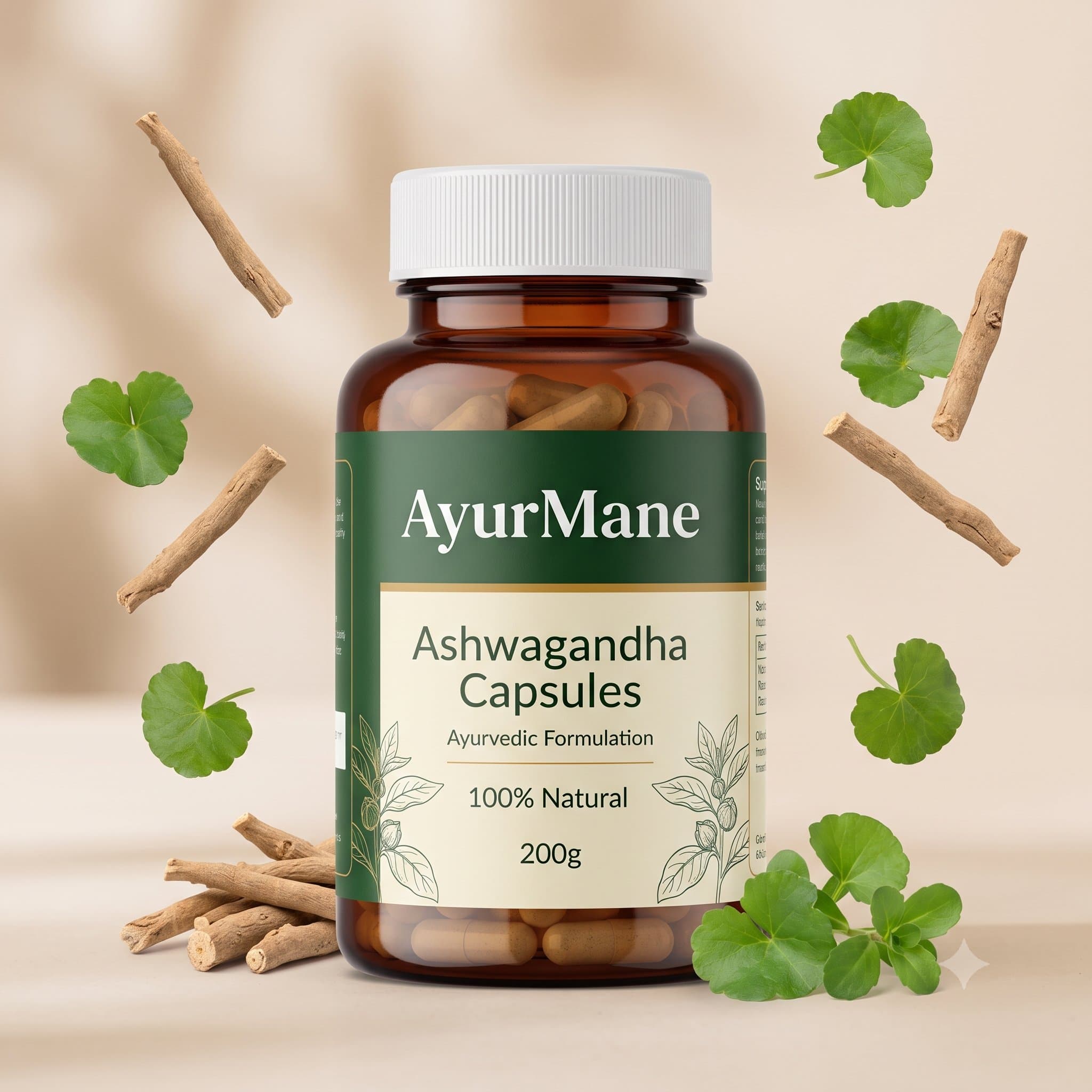 Ashwagandha Capsules, shown with its key botanicals