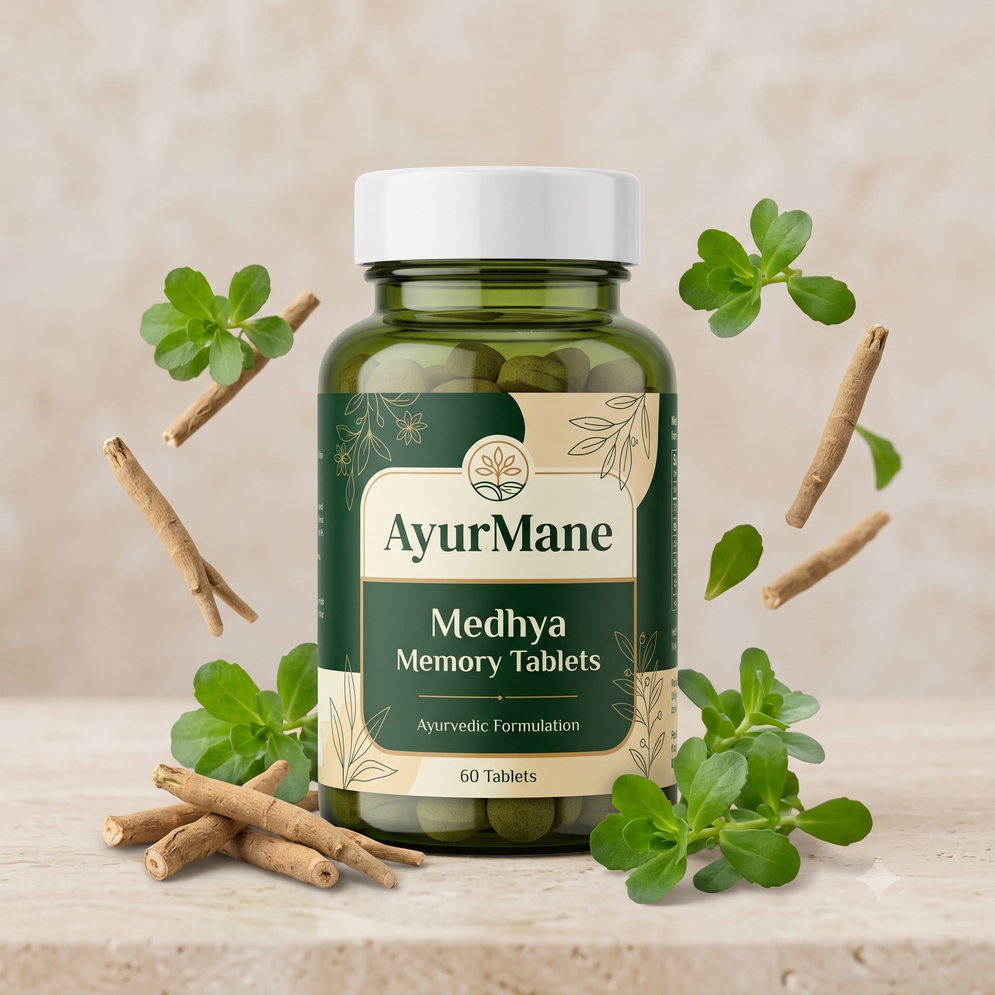 Medhya Memory Tablets, shown with its key botanicals
